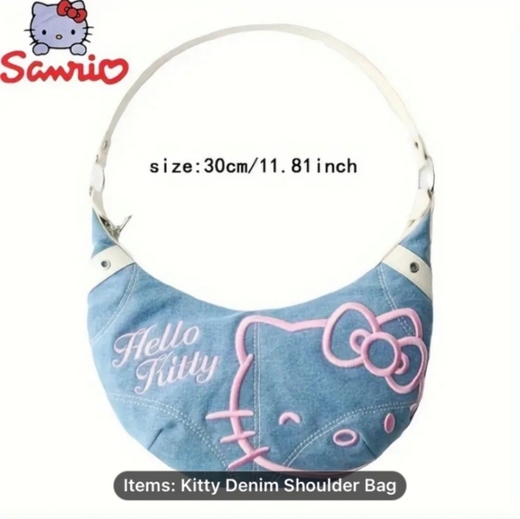 Sanrio Hello Kitty Denim Shoulder Bag w/ Keychain with Strap - Picture 4 of 10